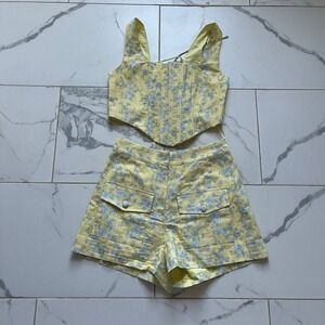 yllw the label linen butter yellow floral corset short set size small